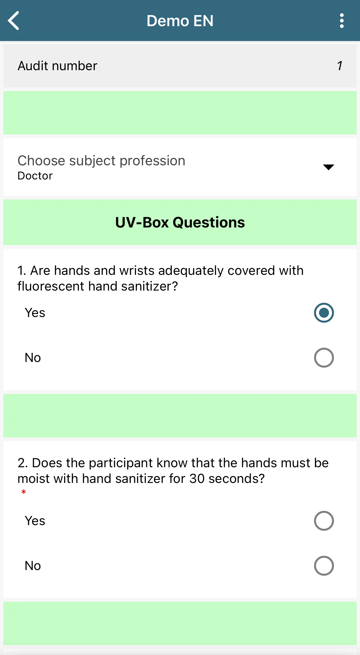 QReport on mobile: the UV-Box audit form where the first question is answered Yes and the next field is marked as required.