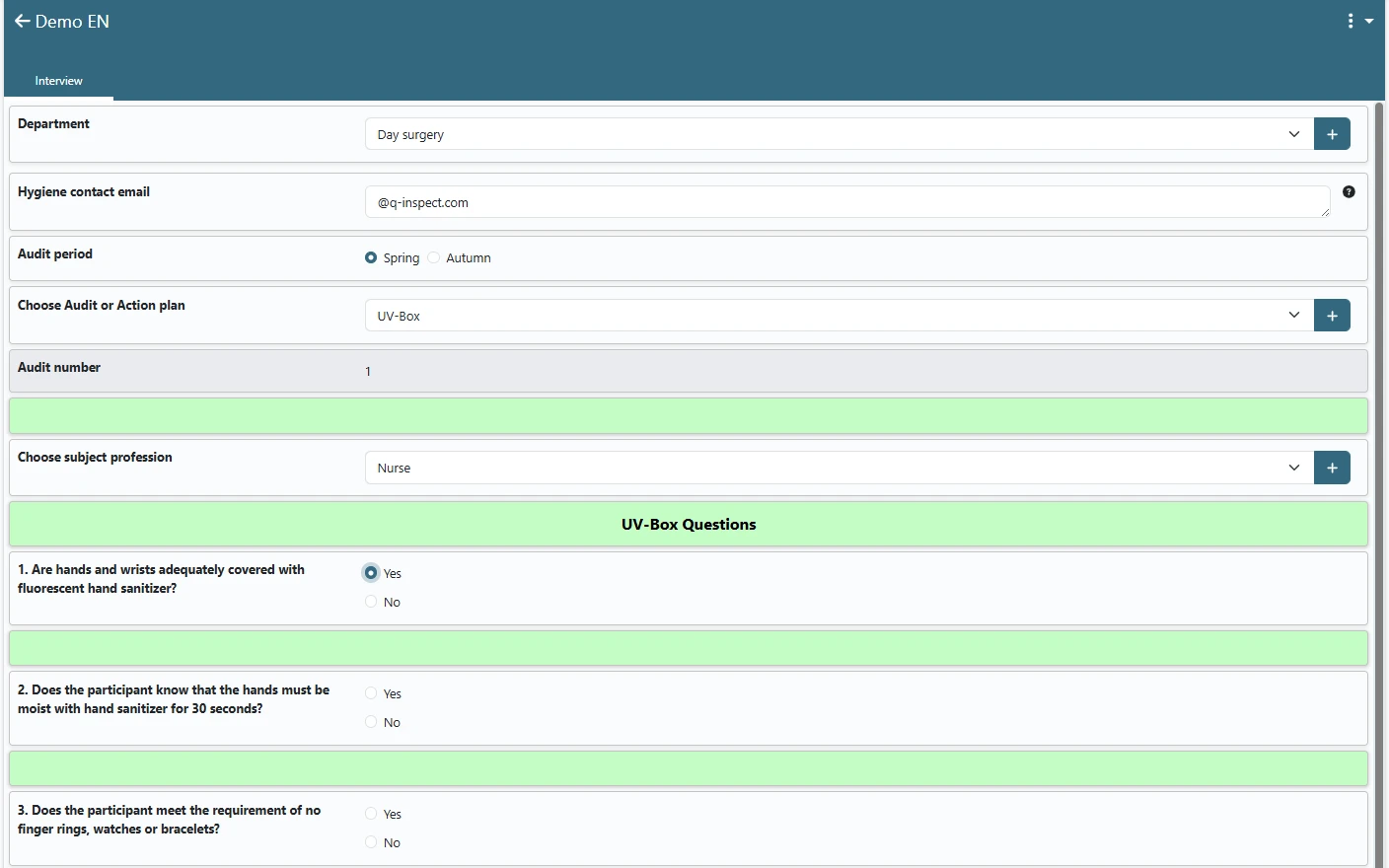 QReport in the browser: the audit form with department, section, audit period and the first questions laid out in two columns.