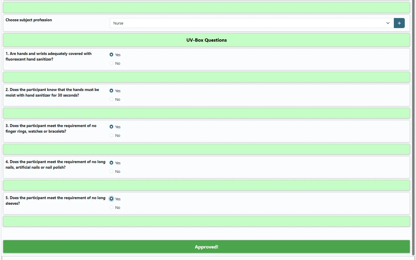 QReport in the browser: all five questions answered, with a green bar at the bottom showing the result Approved.